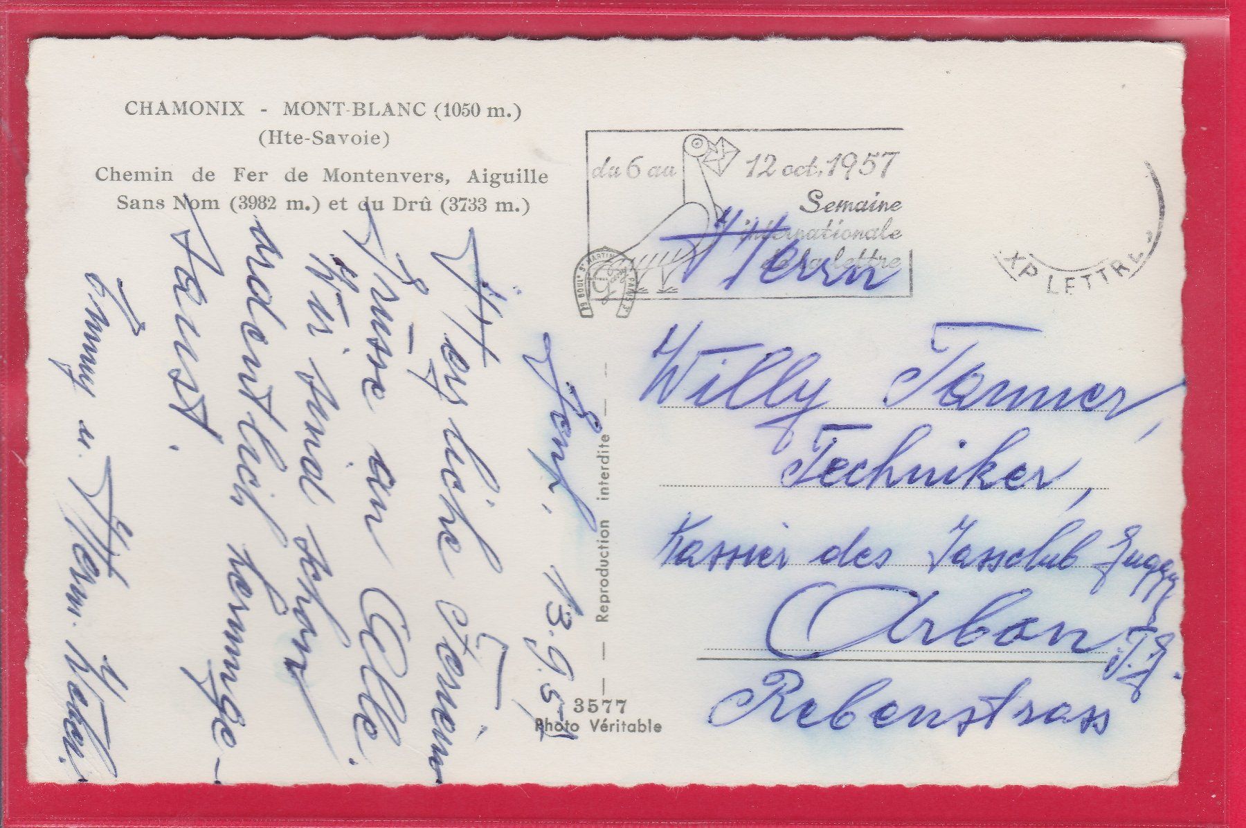 Cartoline postali: CHAMONIX - MONT BLANC, 13.9.1957 – Usato da Oberrieden venduto da Gebirgsstelze 1