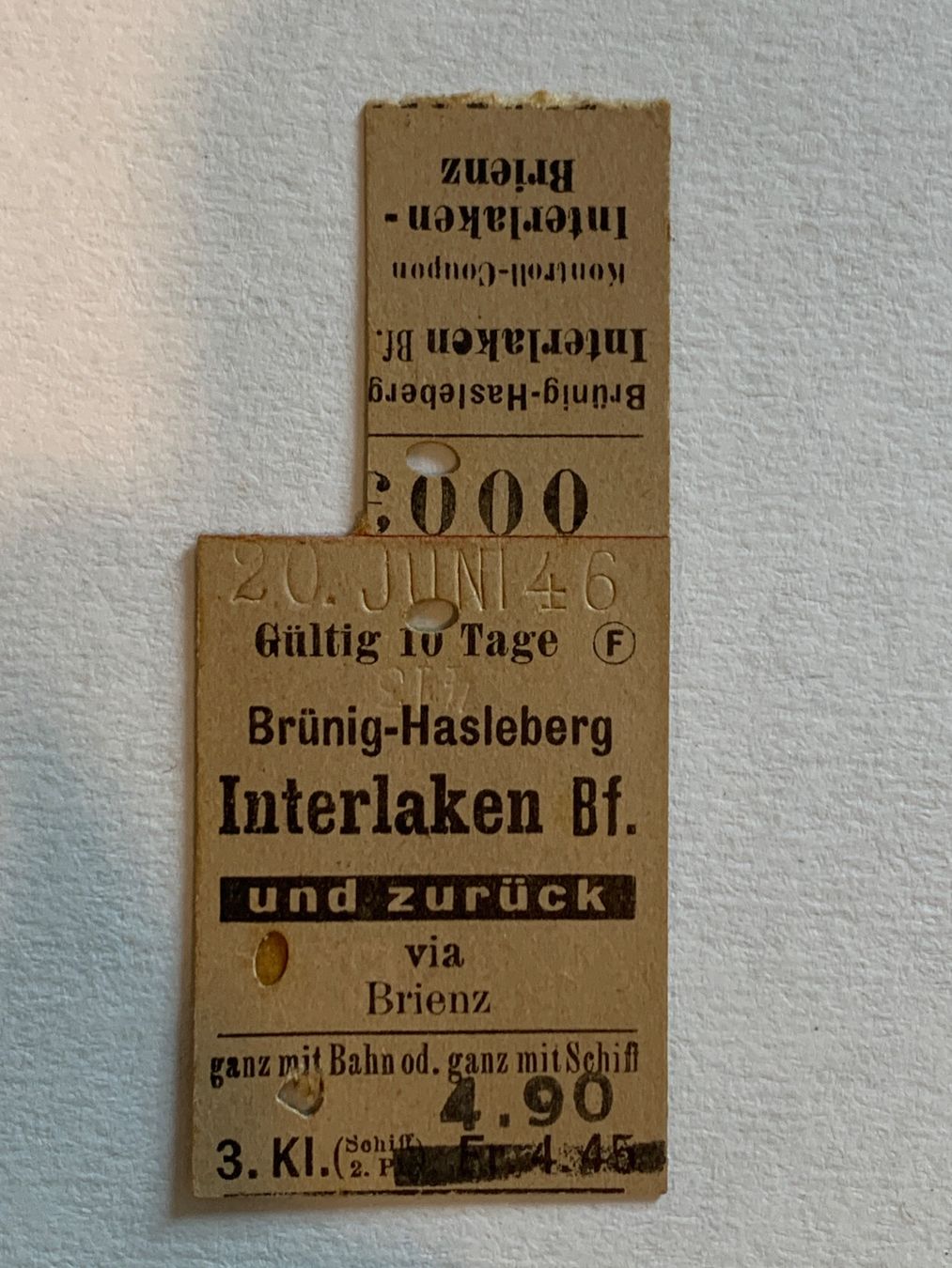 Biglietti: SBB Brünig Edmondson Karton Billett 1946 – Usato da Riehen venduto da Boeri555