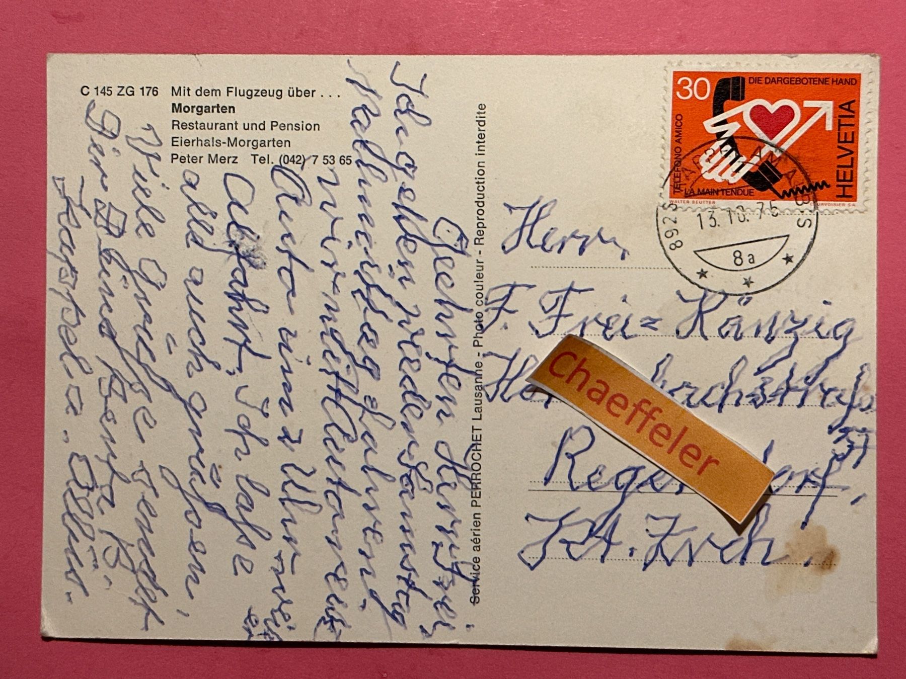 Cartoline postali: 1975 mit dem Flugzeug über Morgarten. Rest. Eierhals-Morgarn – Usato da Zürich venduto da Chaeffeler 1
