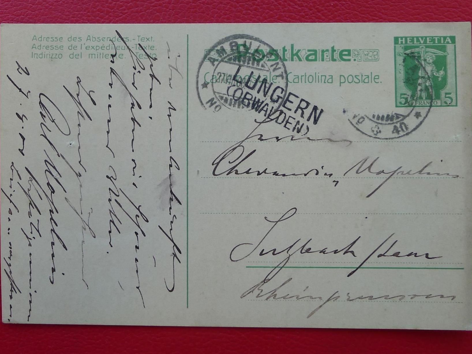 Cartoline postali: 1908: Stabstempel LUNGERN (OBWALDEN) auf Postkarte – Usato da Sursee venduto da Luzernerraute
