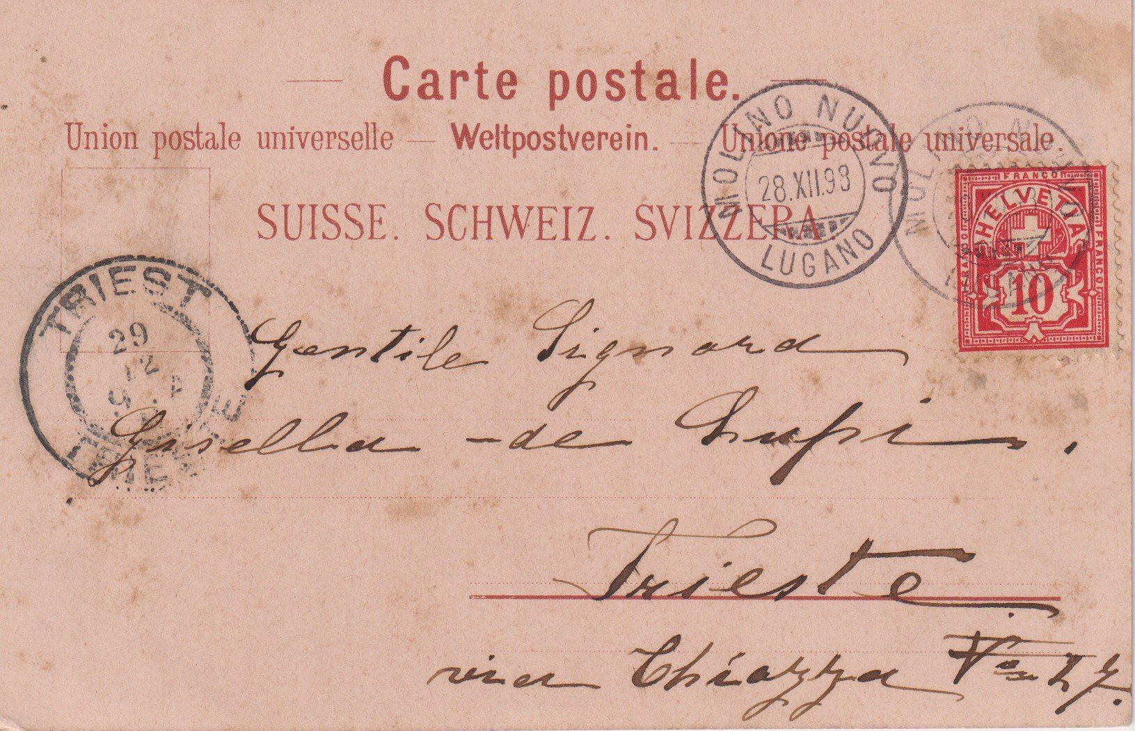 Cartoline postali: AK Litho Saluto da Lugano, 1898, rara. – Usato da Riva San Vitale venduto da MAR-NAPO 1