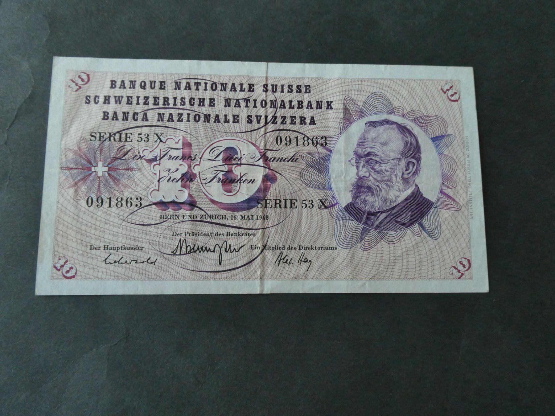 Banknoten: Schweiz 1968, 10 Franken – Gebraucht aus Hinterforst von Rohusri