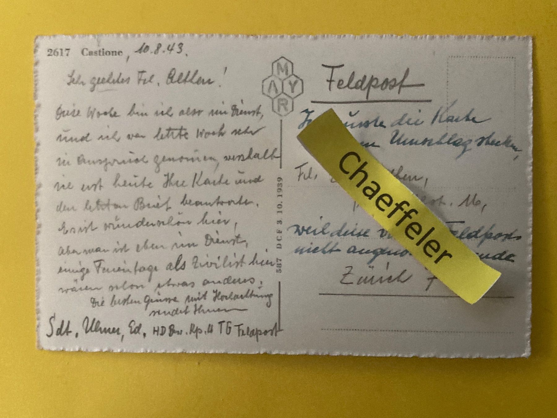 Cartoline postali: 1943  2617. Castione – Usato da Zürich venduto da Chaeffeler 1