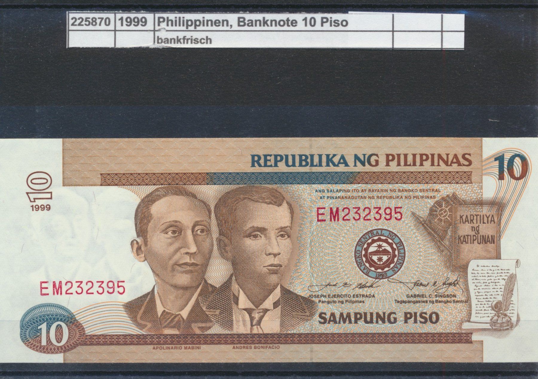Banknoten: 1999 Philippinen, "Banknote - 10 Piso", bankfrisch – Neu (gemäss Beschreibung) aus Winterthur von Zupogeru