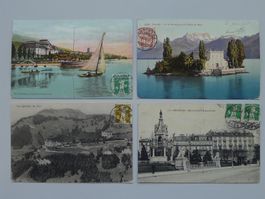 1908-1916, vier Postkarten mit bildseitiger Frankatur