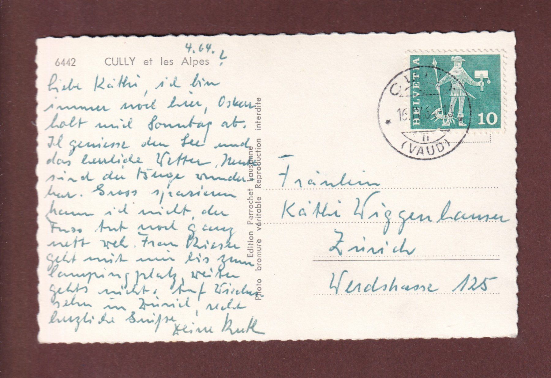 Cartoline postali: CULLY et les Alpes - 1964 – Usato da Pully venduto da nicecards-shop 1