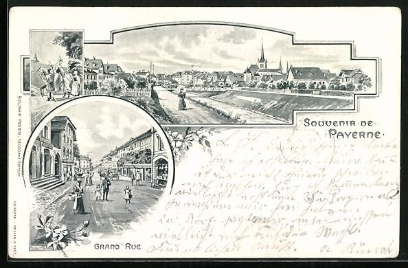 Cartoline postali: Litho Payerne, Vue générale, Grand Rue – Usato da Berlin venduto da bartko-reher