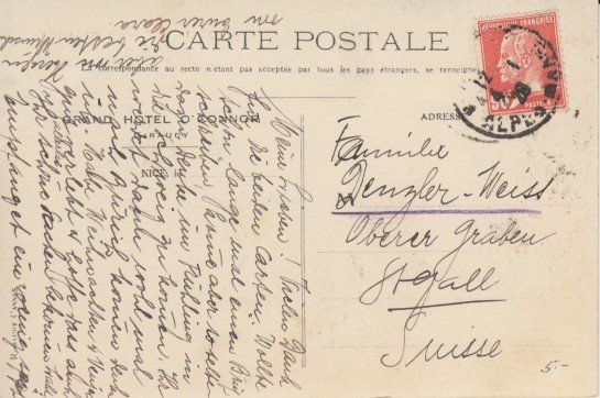 Cartoline postali: Nizza Grand Hotel O`Conner, 1928 – Usato da Zuerich venduto da OceanLinerPostcards 1
