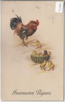 Heureuses Paques - Fröhliche Ostern - Hahn m. Kücken - Litho