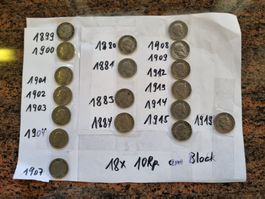 18x alte 10 Rappen Münzen, Sammlung von 1880 bis 1919