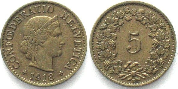 Tutti le monete: Schweiz EIDGENOSSENSCHAFT 5 Rappen 1918 Messing vz+ – Usato da Riehen venduto da sesambestcoins2004