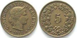 Schweiz EIDGENOSSENSCHAFT 5 Rappen 1918 Messing vz+