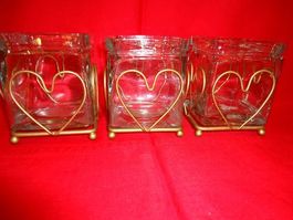 3er Set Teelichthalter Glas mit Herz, Gold-Look, Vintage