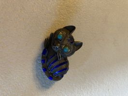 Early Vintage Silber Tabby Katzenbrosche Pin mit türkisfarbe