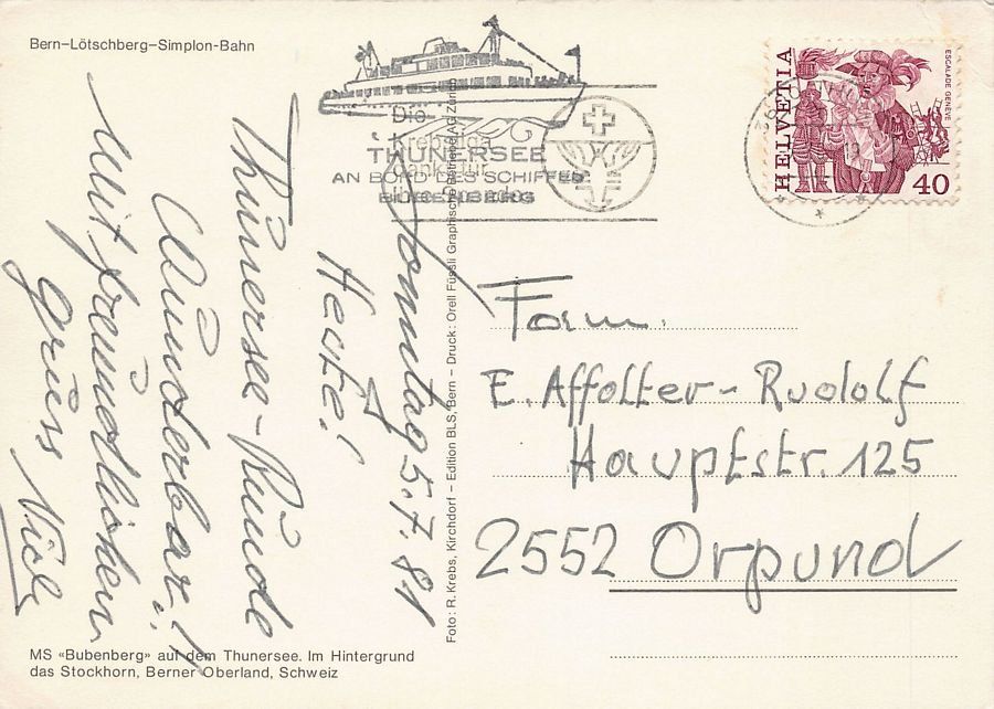 Cartoline postali: Thunersee, MS BUBENBERG, Stempel, gelaufen 1981 – Usato da Frauenfeld venduto da POML 1