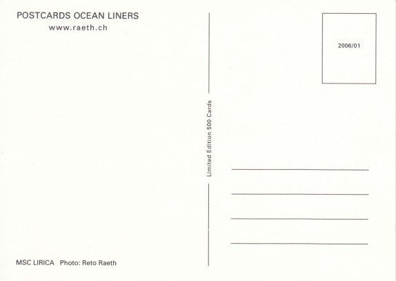 Cartoline postali: MSC Lirica – Usato da Zuerich venduto da OceanLinerPostcards 1