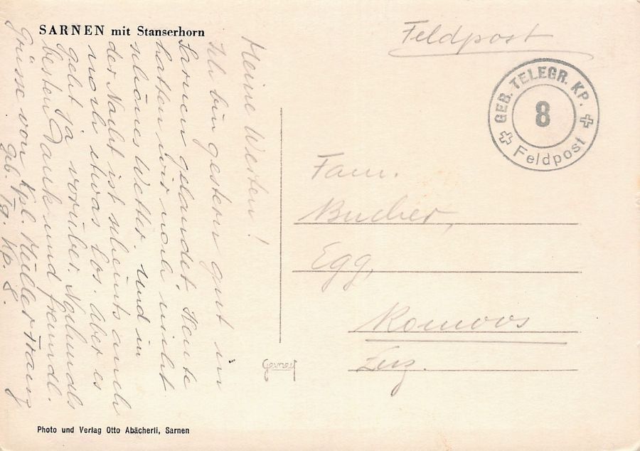 Cartoline postali: Sarnen, Feldpost GEB. TELEGR. KP. 8 – Usato da Frauenfeld venduto da POML 1