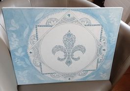 Tableau décoratif fait main, motif fleur de lys, bleu
