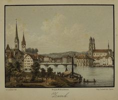 ZÜRICH, GROSSMÜNSTER, FRAUMÜNSTER, ST. PETER, LITHOGRAPHIE