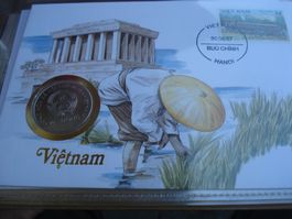 Vietnam, Münzbrief 1987, Münze mit Dinosaurier