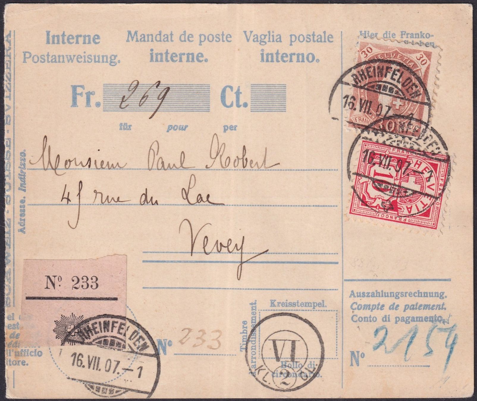 Tutti i francobolli: 1907, interne Postanweisung: Rheinfelden - Vevey, mit 88A+83 – Usato da Sursee venduto da Luzernerraute