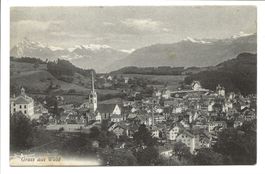 Gruss aus Wald (ZH) Dorfpartie mit Kirche - Gibswil 1908