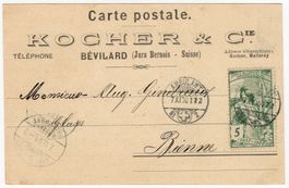 5 Rp. UPU auf Postkarte von BÉVILARD nach BIENNE