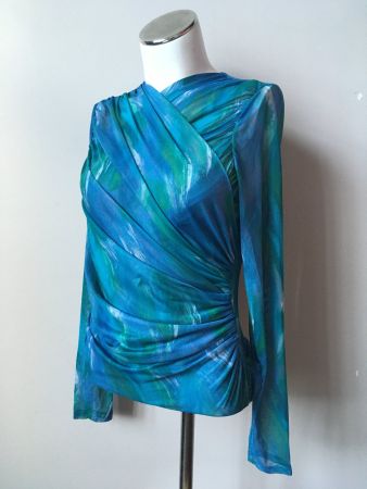 Top drapé bleu et vert manches longues - taille L