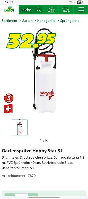 Technique médicale: Gartenspritze Hobby Star 5 Liter – D'occasion à Heitenried par 560sec 1