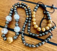 Longkette & Armband Muranoglas Hämatit & Goldakzenten - Neu