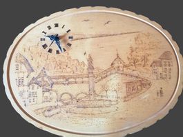 Holzbild mit Uhr, Deko, Handarbeit,Schweiz Motiv