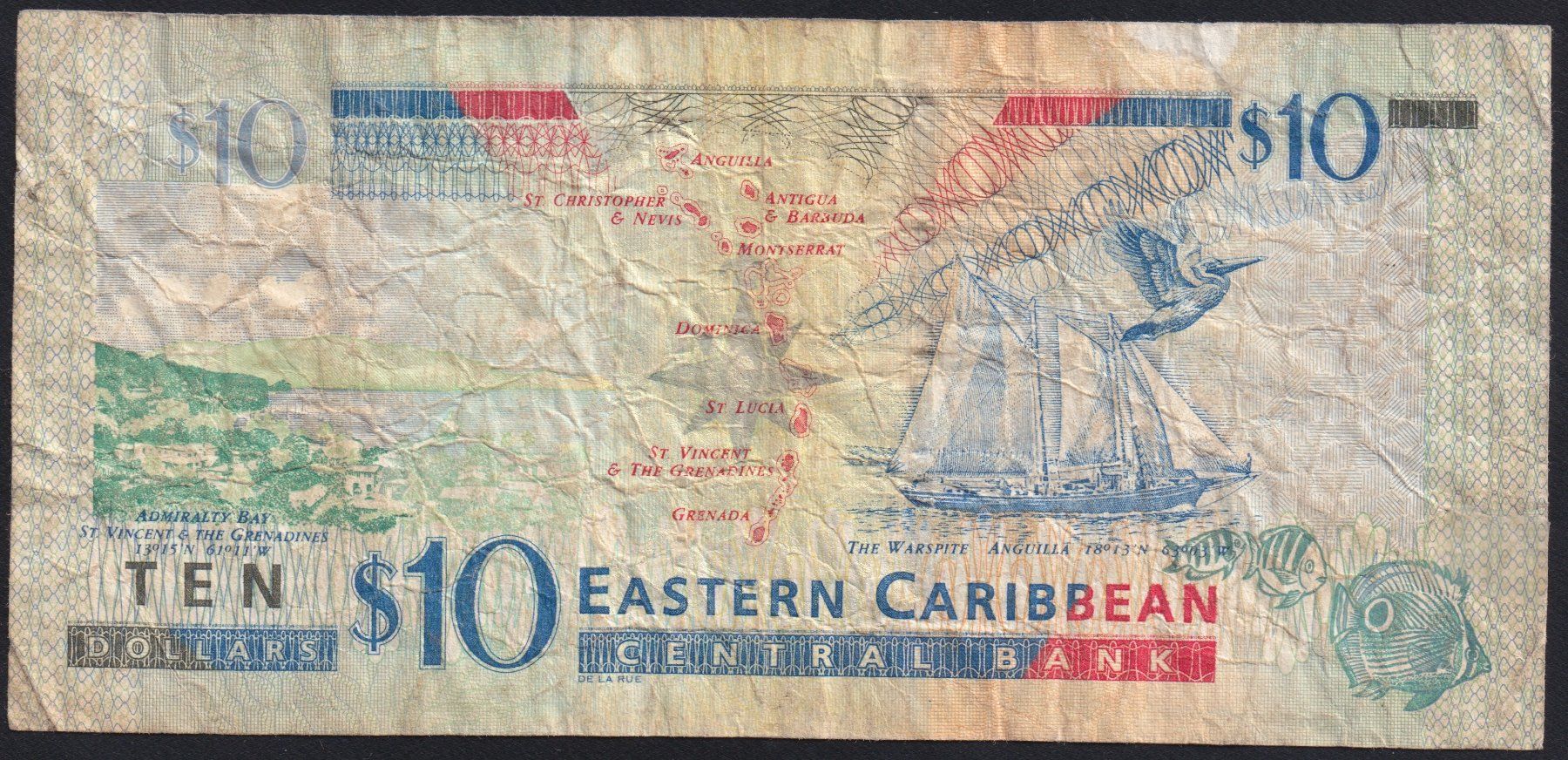 Banconote: Eastern Caribbean Staates 10 Dollars 2008 – Usato da Brugg AG venduto da banknoten_muesli 1