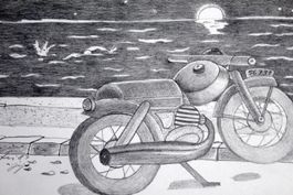 CLAUDIO JETZT KNÖPFLI: Motorrad, Bleistift, 1983, signiert