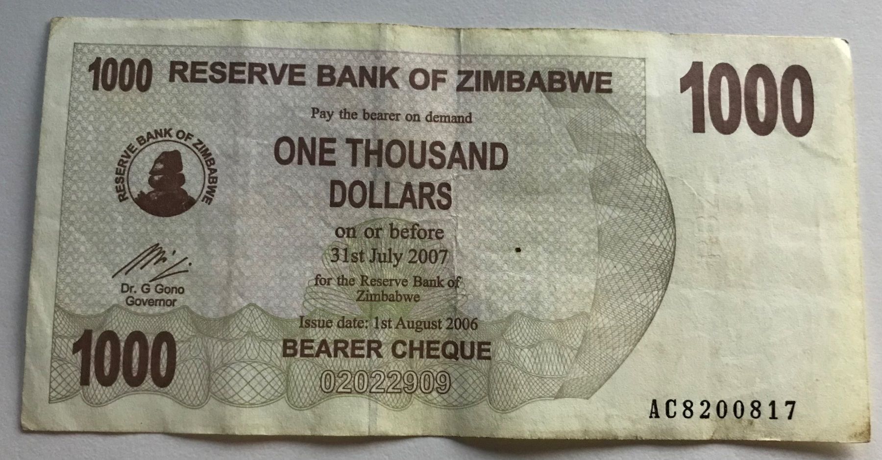 Banconote: Zimbabwe 1000 Dollars 2006 – Usato da Algetshausen venduto da Carrhard