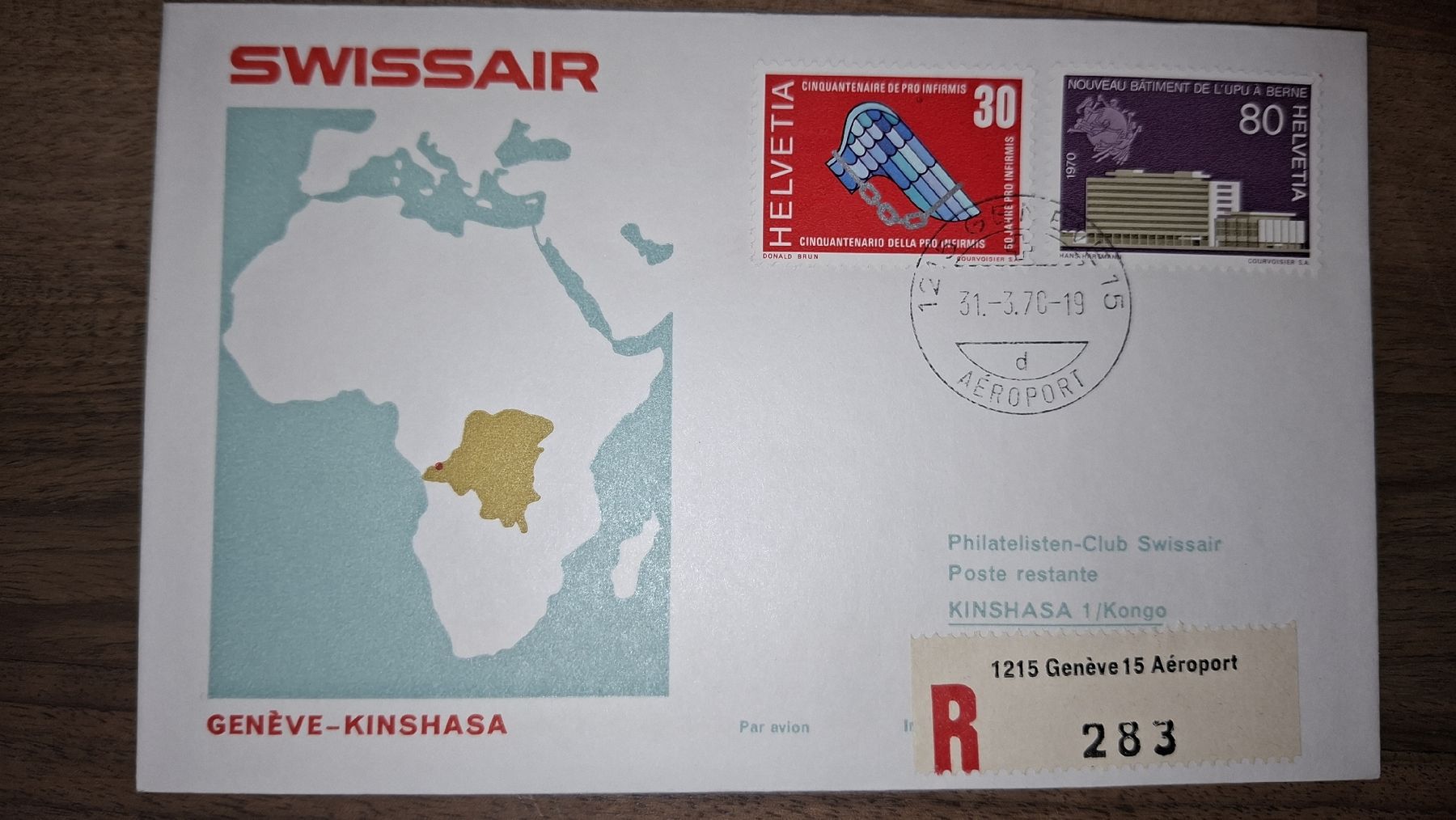 Tutti i francobolli: Swissair Geneve - Kinshasa 31.03.1970 – Usato da Balgach venduto da SIMEON27