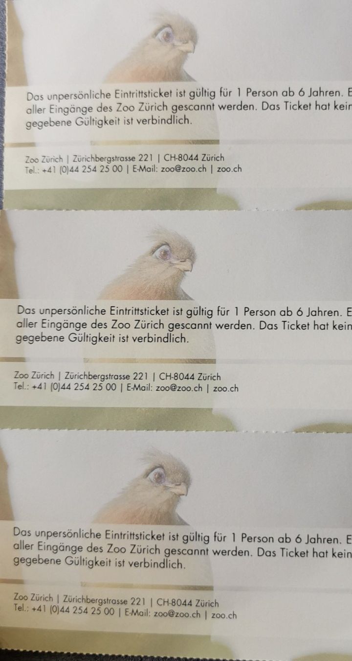 Biglietti: 3 Eintritte Zoo Zürich – Nuovo e nell'imballaggio originale da Goldau venduto da Woza