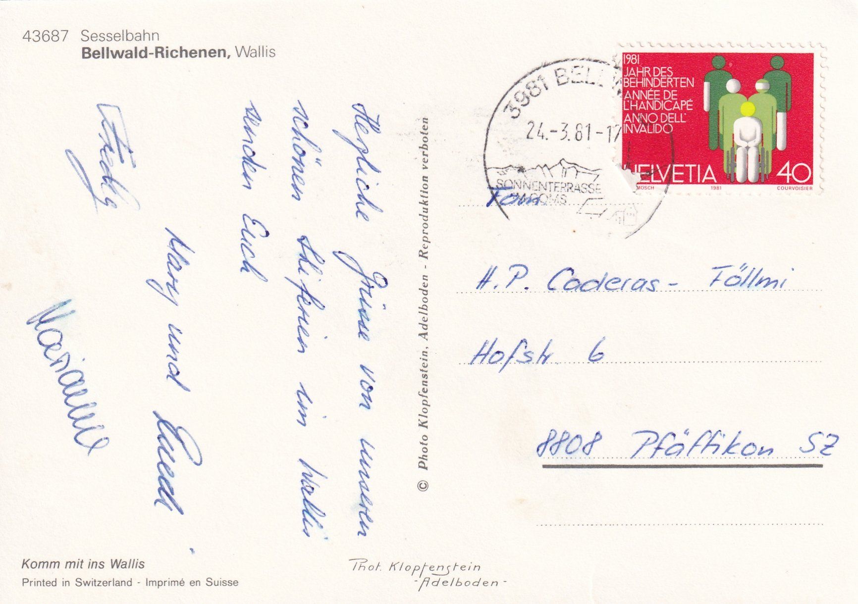 Cartoline postali: Bellwald - Sesselbahn Bellwald-Richenen /ay – Usato da Hombrechtikon venduto da Rudolf07 1