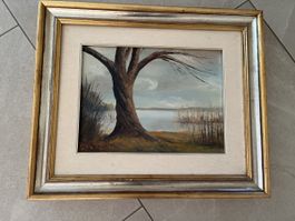 Tableau huile sur toile signé Clerc paysage lac 1984