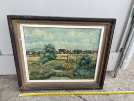 Ölgemälde, Landschaft mit Häusern, signiert, vintage
