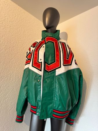 Unisex LederJacke Grün/Weiss Stickerei Kontrasfarbe Gr XL