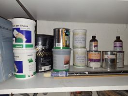 Grosses Maler-Konvolut: Farben, Lacke, Werkzeug & Scheinwerf