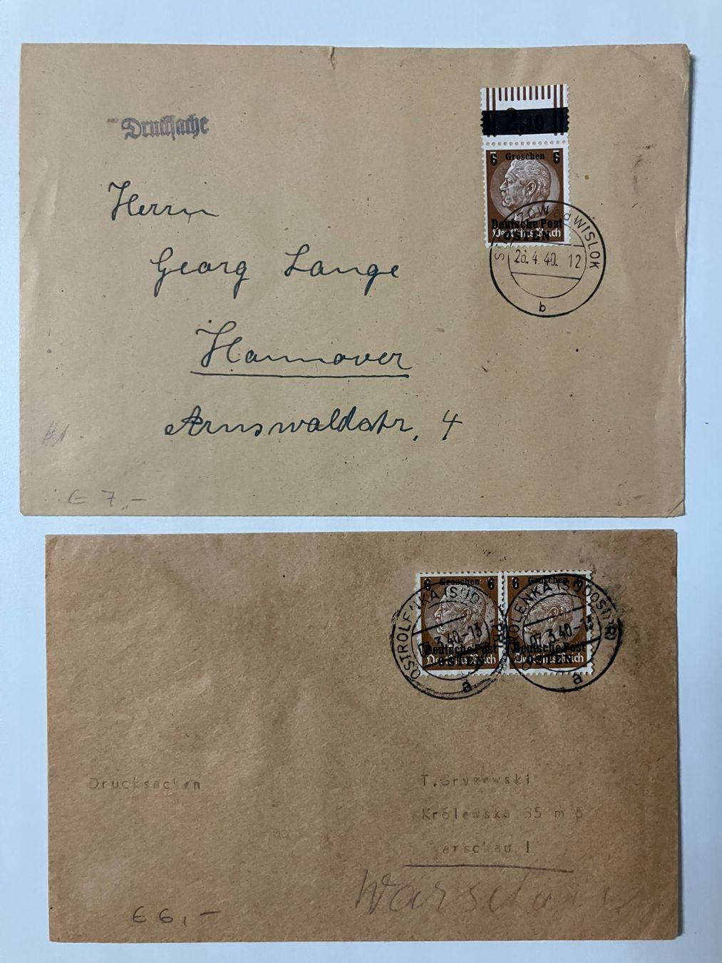 Tutti i francobolli: Deutsche Post Ost, 6 Belege, "Generalgouvernement" – Usato da Würenlos venduto da Eulenpostuhu