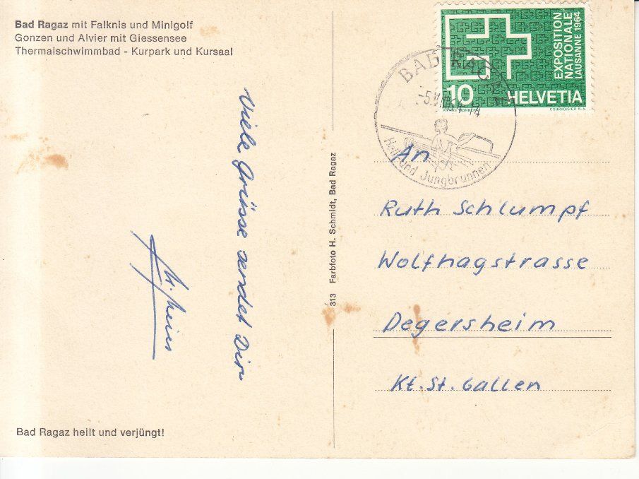 Cartoline postali: Bad Ragaz 1964 – Usato da Bürglen TG venduto da StampGraf 1