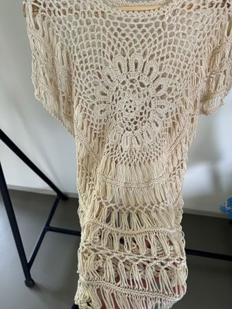 Crochet Tunic Beige Boho Fringe Tassels One Size New