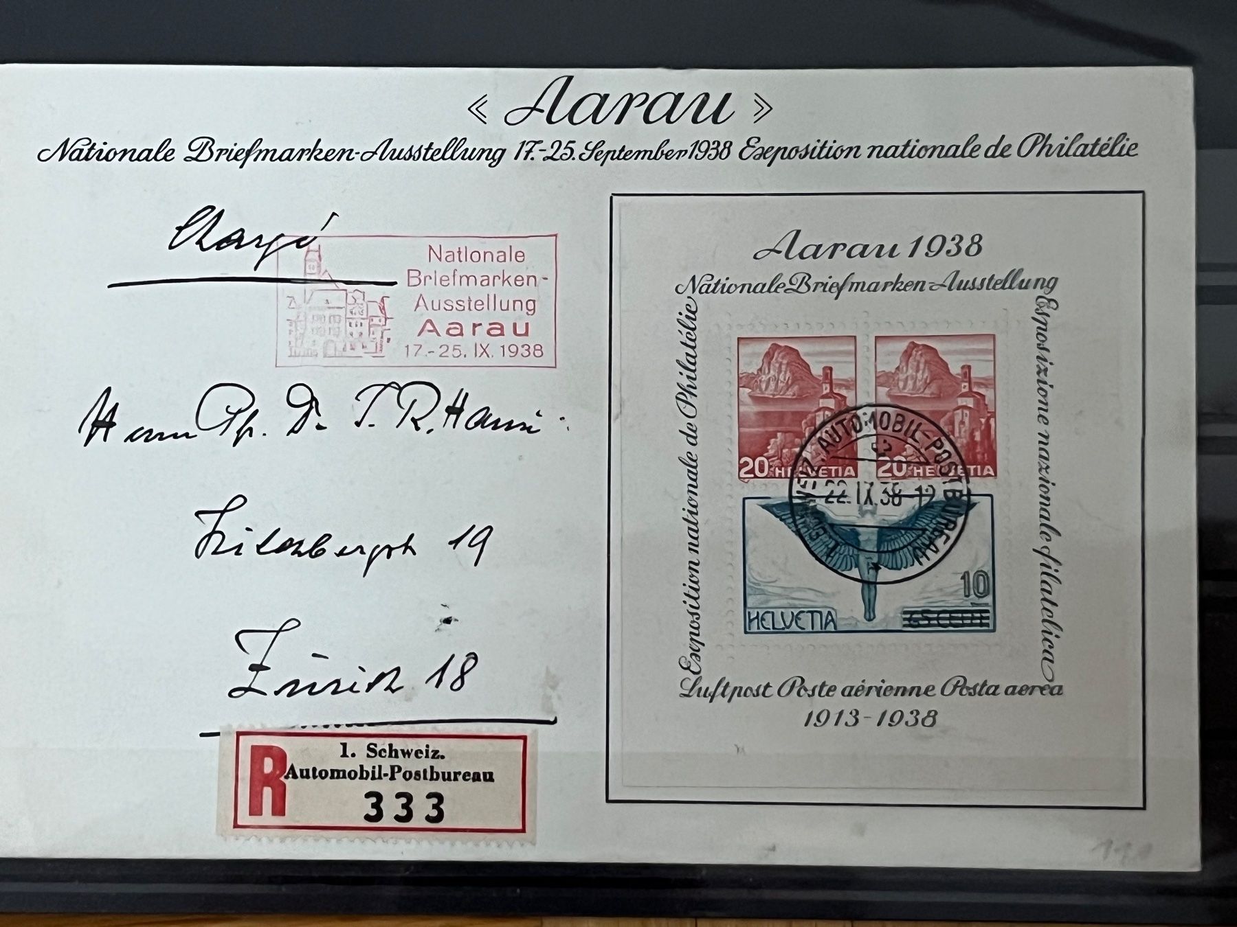 Tutti i francobolli: Aarau Block auf Karte, 1938 – Usato da Romanshorn venduto da luxcollect