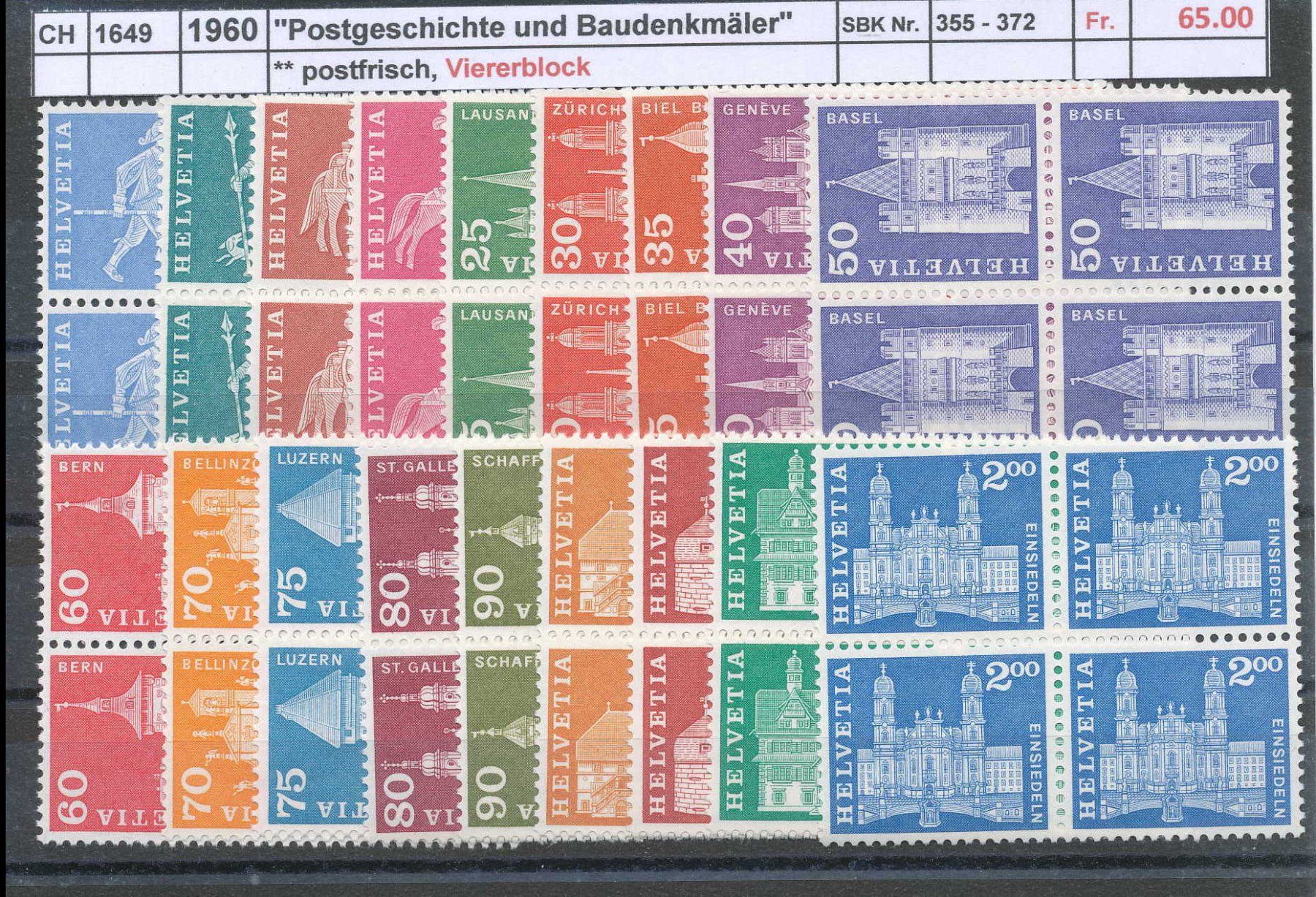 Tutti i francobolli: 1960 "Postgeschichte und Baudenkmäler" - Viererblock, ** – Nuovo (secondo la descrizione) da Winterthur venduto da Zupogeru