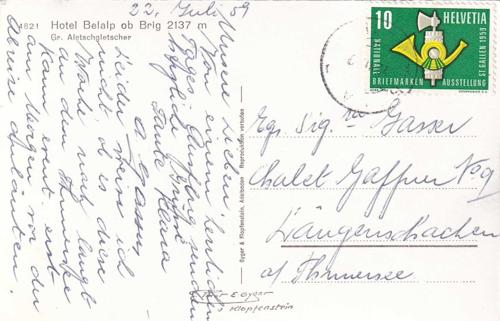 Cartoline postali: Hotel Belalp ob Brig, Aletschgletscher /mp – Usato da Hombrechtikon venduto da Rudolf07 1