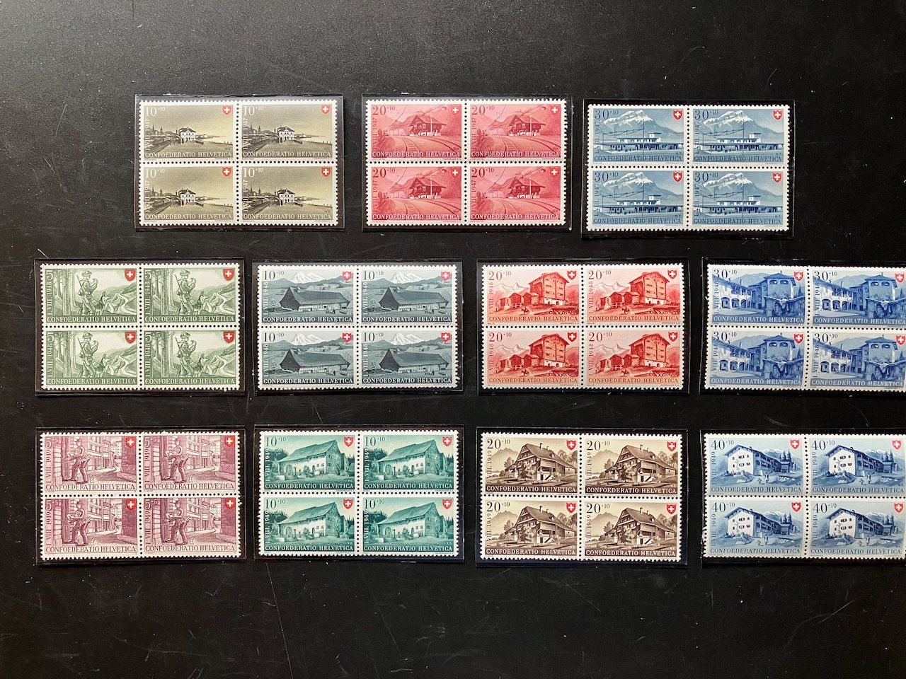 Alle Briefmarken: Pro Patria 1947-49 Viererblöcke postfrisch – Gebraucht aus Nesslau von zueri6