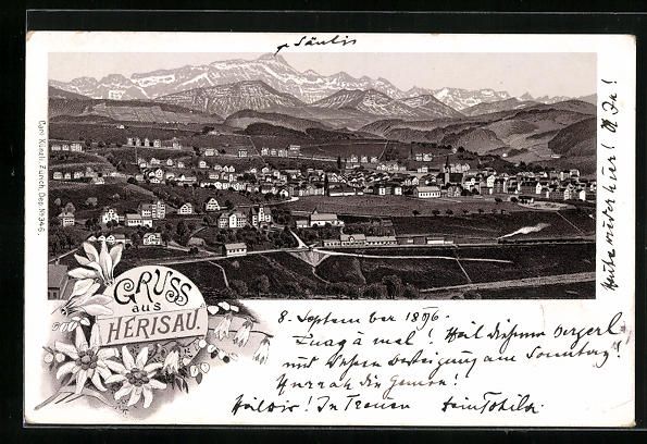 Cartoline postali: Litho Herisau, Ortsansicht gegen Säntis – Usato da Berlin venduto da bartko-reher