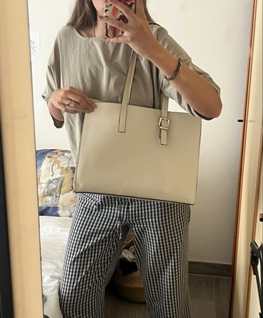 Cream real leather tote bag 